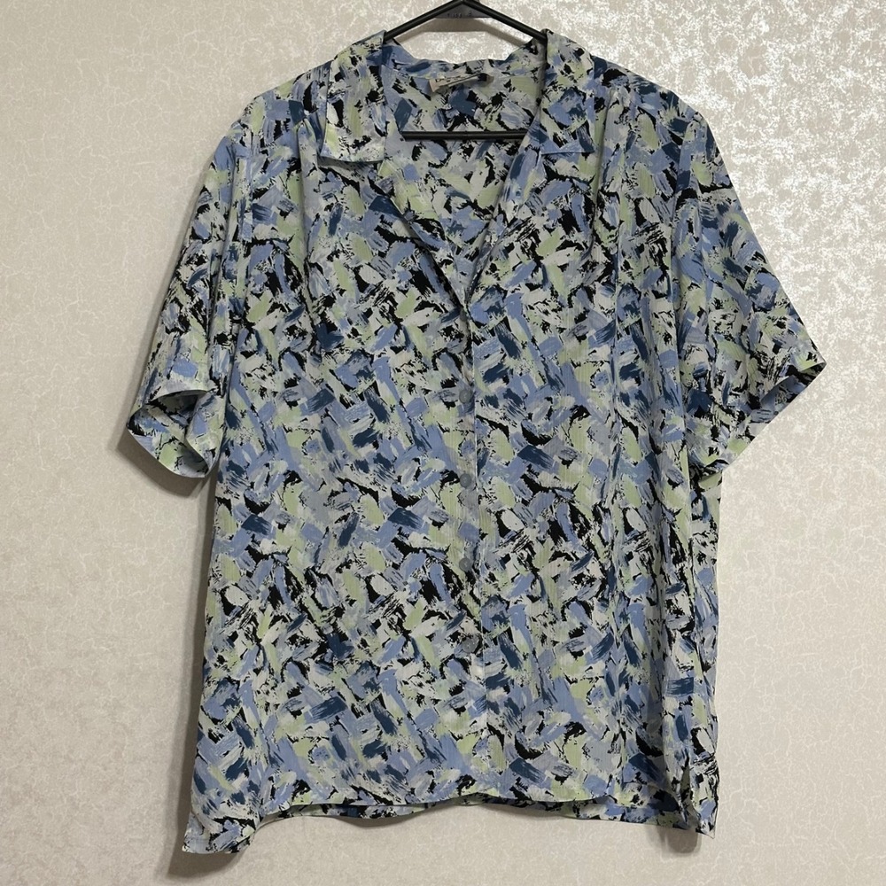 Donnkenny Woman Abstract Watercolor Brushstroke Button Down Shirt Blue Green XL